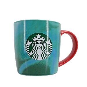 Starbucks 2024 Green Turquoise Blue Marbled Coffee Cup Mug 11 Oz Red Handle Mint
